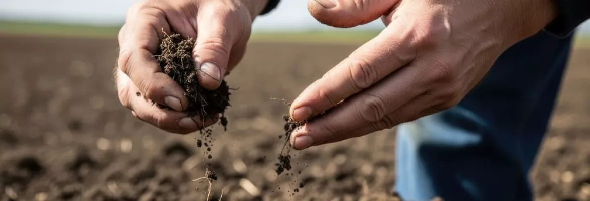 close-up of two hands holding and crumbling soil in a cultivated field